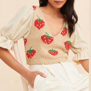 Free People Beige Strawberry Knit Cropped Tank with Red & Green Motifs